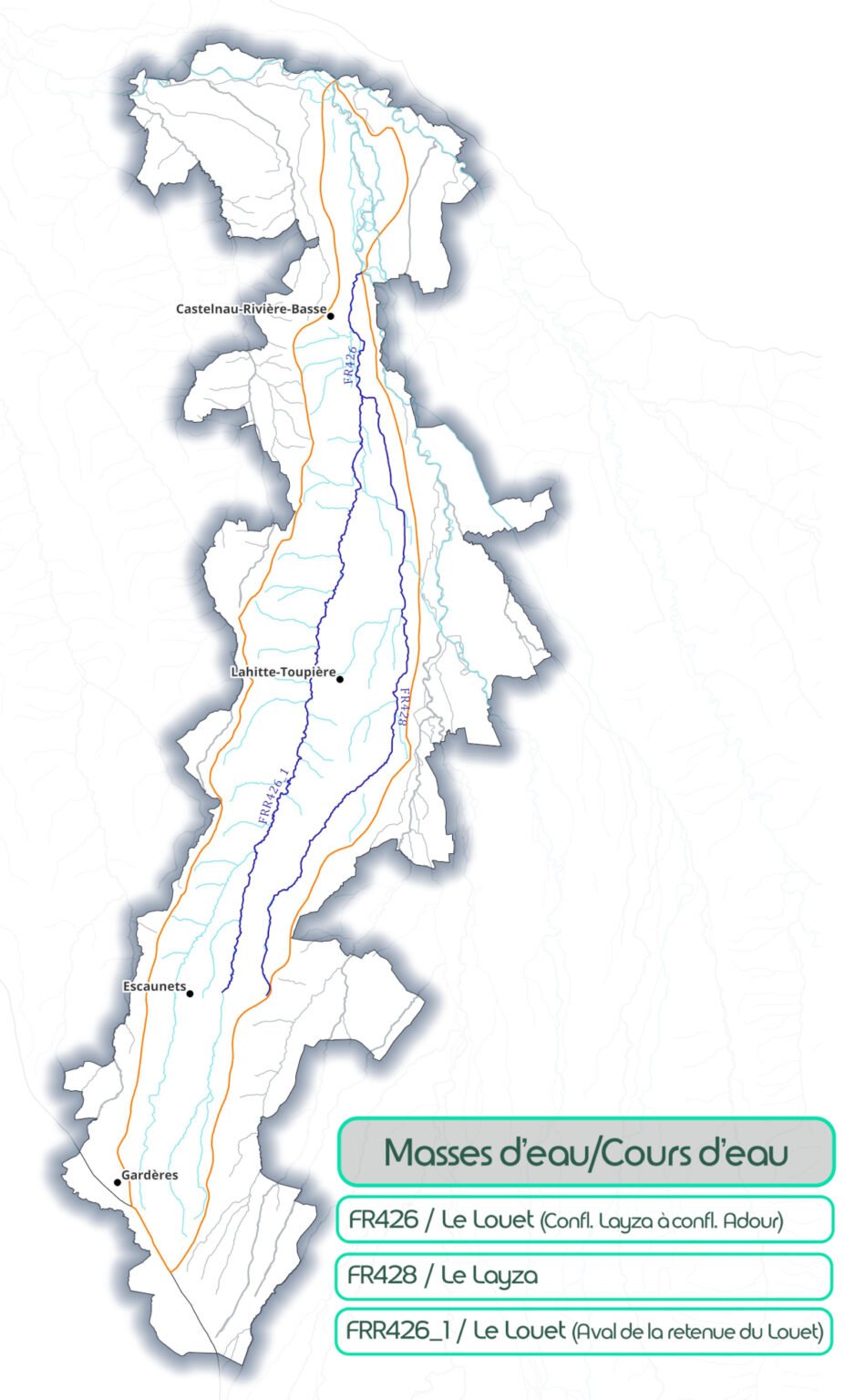 carte hydrographique du Louet affluent de l'Adour